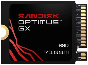 SANDISK Optimus GX 7100M NVMe SSDの黒い本体と金メッキ接点