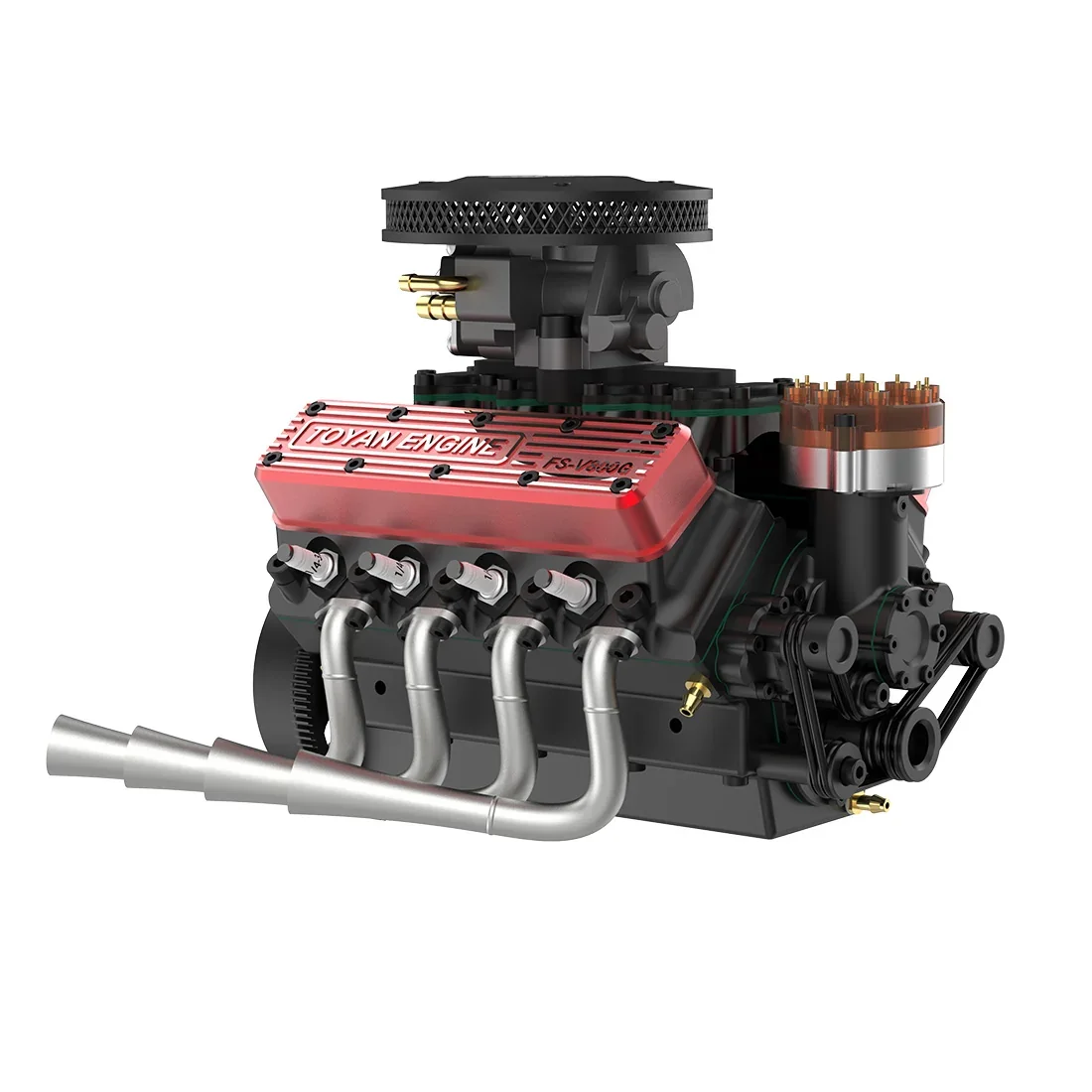 TOYAN FS-V800WGPC V8ガソリンエンジン模型の赤色ヘッドカバーと排気系