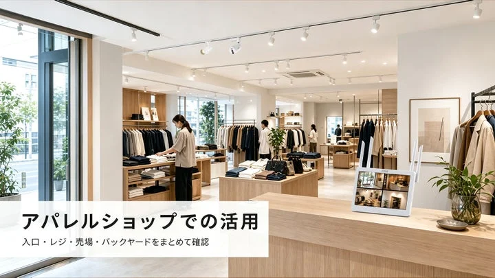 アパレルショップ店内に設置された防犯カメラとモニター