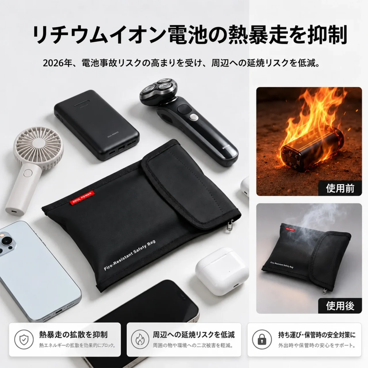 SOUL POWER難燃ソフトポーチとモバイルバッテリー等の対象製品