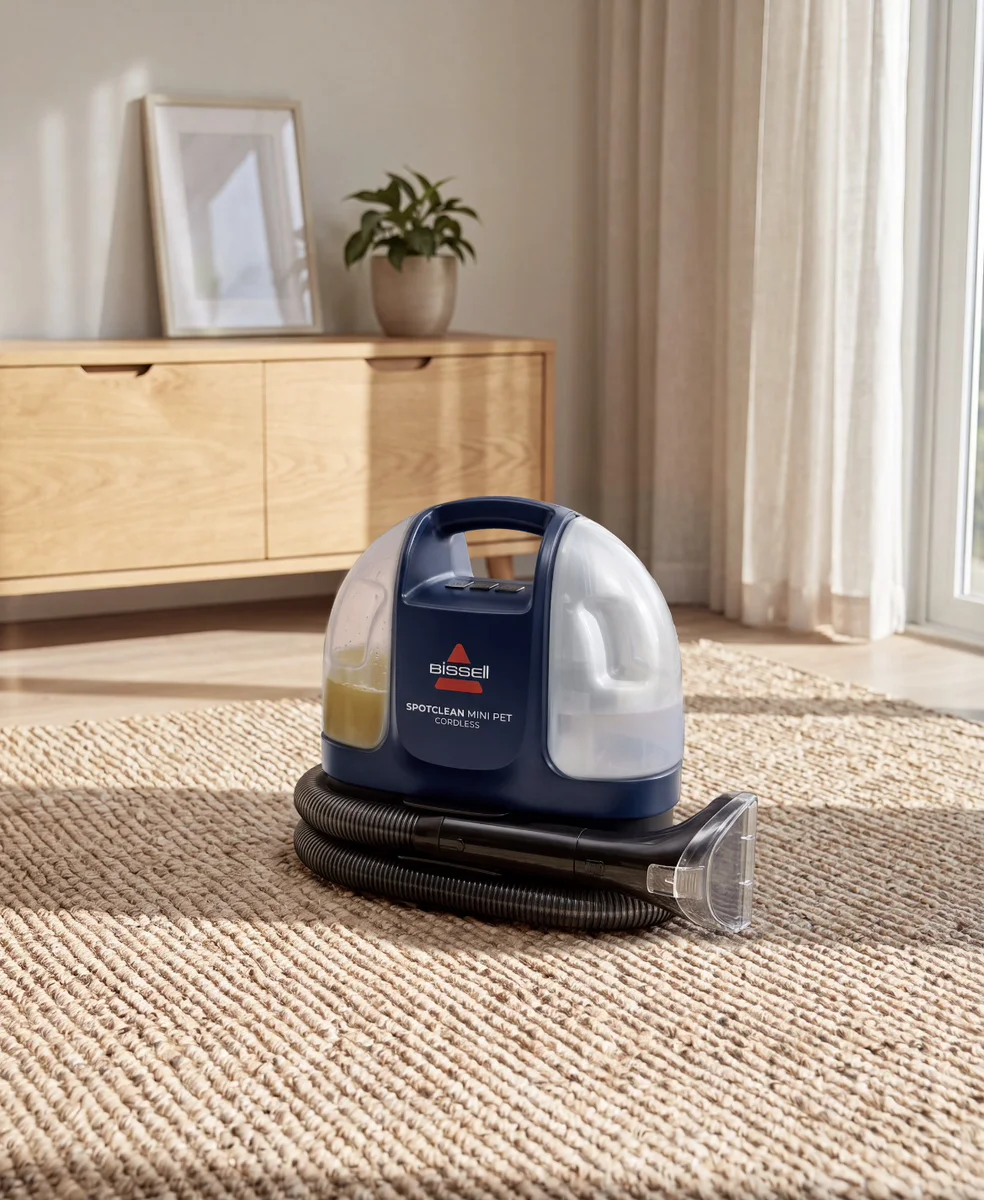 ラグの上に置かれたSpotClean Mini Pet Cordless本体と透明タンク