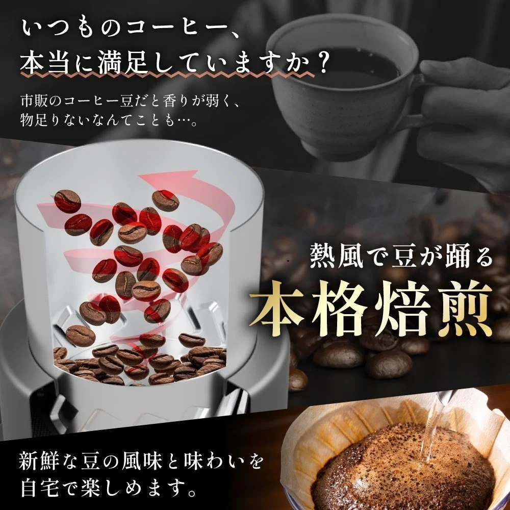 コンパクトコーヒーロースター「ロイジー」の熱風焙煎を説明する告知ビジュアル