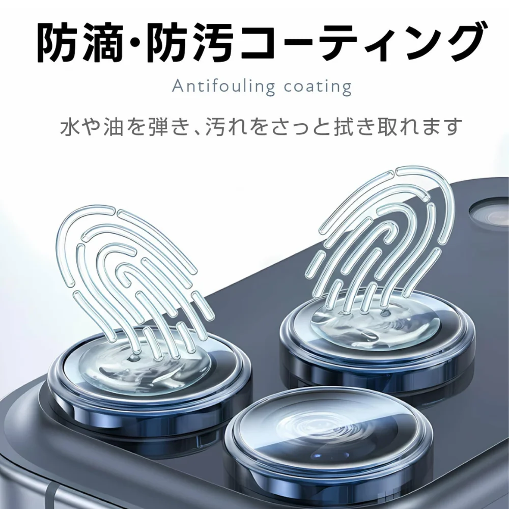 FIRMEカメラレンズ保護フィルムの指紋防止コーティング機能を示すイメージ図