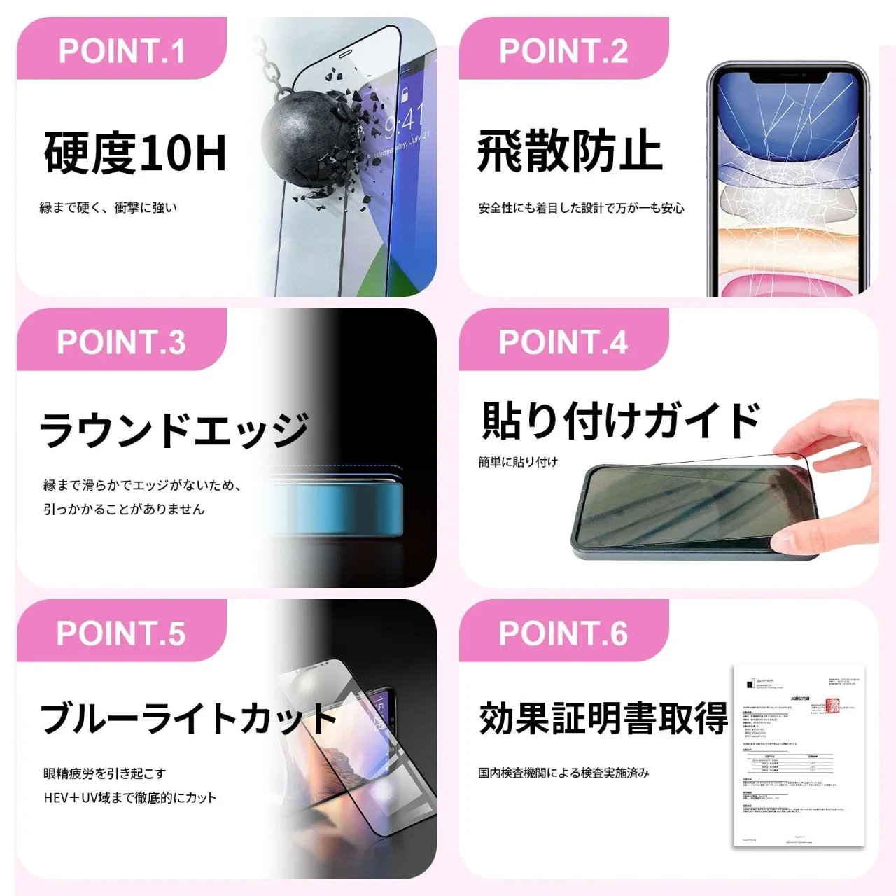 FIRMEガラスフィルムの硬度・飛散防止・ブルーライトカット等の6つの機能比較図