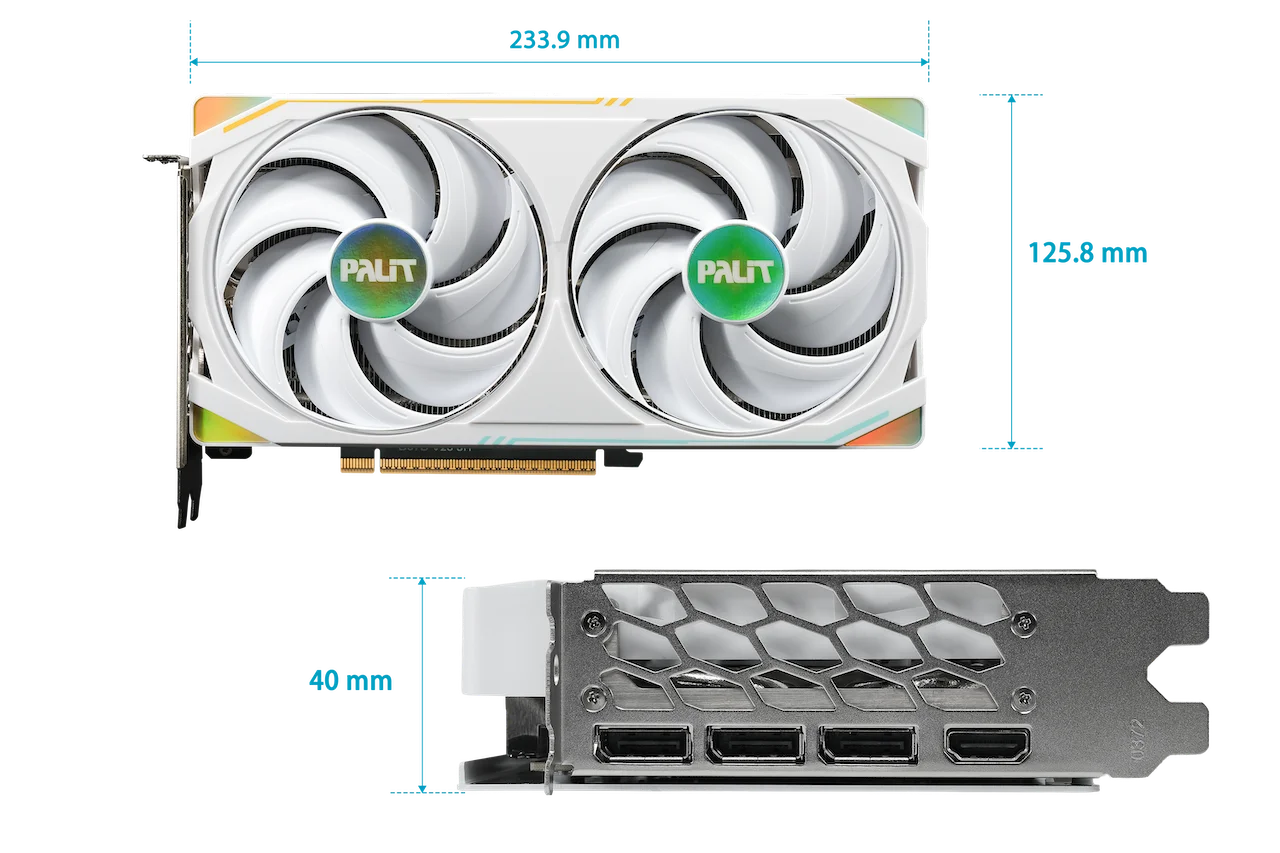 GeForce RTX 5060 Ti 8GB RiTONA OCの寸法図。白基調のデュアルファンとメタルバックプレートを示す。