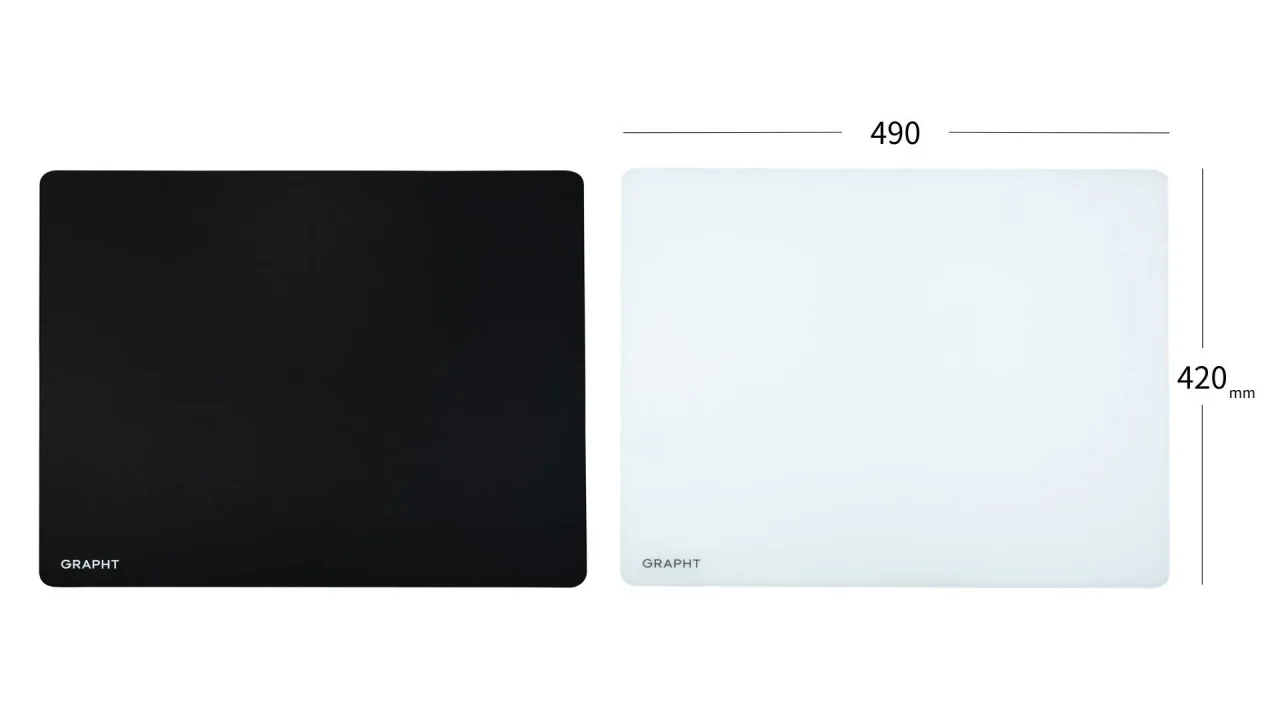 THE SHOOTER - Glass Mouse Pad Nexusの黒と白の2色と490×420mmの寸法図