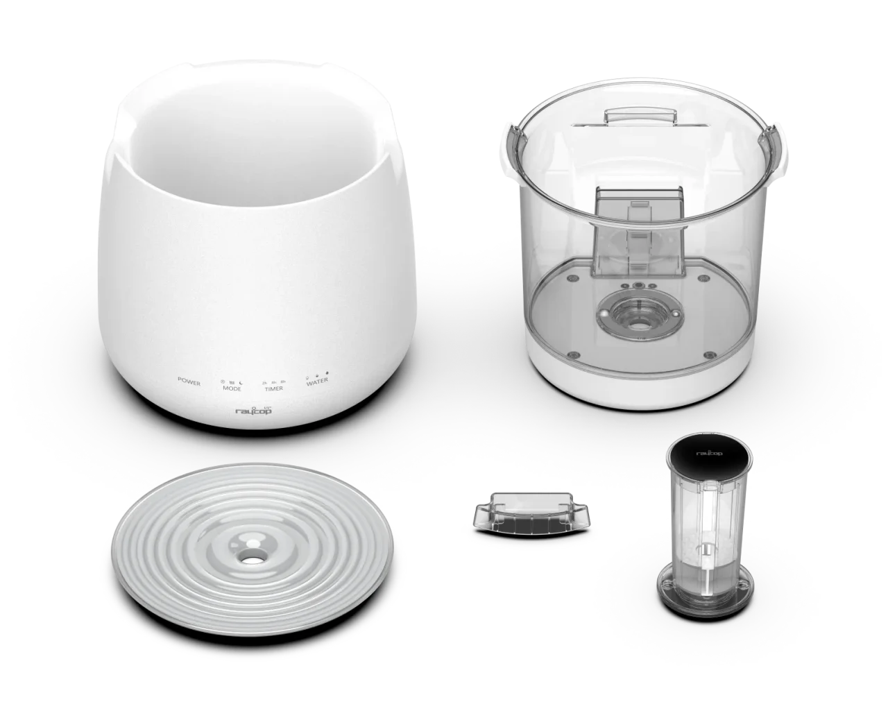 MINAMOの分解パーツ。本体、タンク、円盤状部品、小型部品、UV LEDユニット