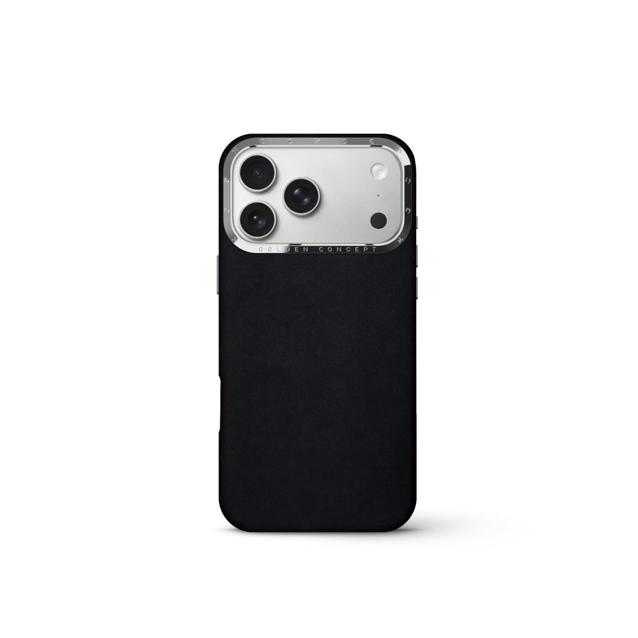 iPhone Case 17/18 Alcantara Blackの背面。黒いマット素材とカメラ周りのアルミフレーム。