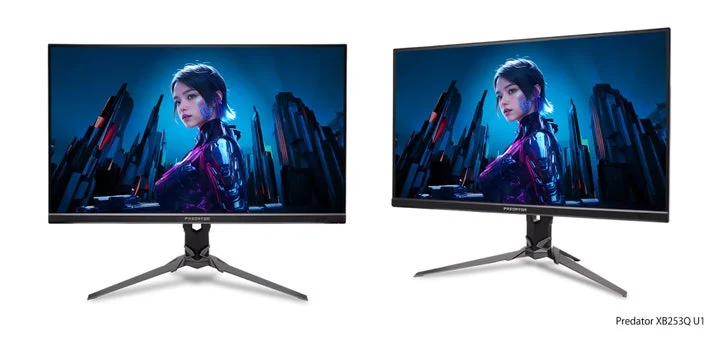 Predator XB253Q U1ゲーミングモニターの正面と斜めからの様子