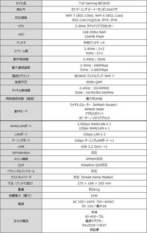 TUF Gaming BE3600の仕様一覧表
