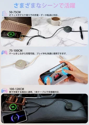 50-75cm、75-100cm、100-120cmの3つの長さ設定と、それぞれの利用シーン(デスク