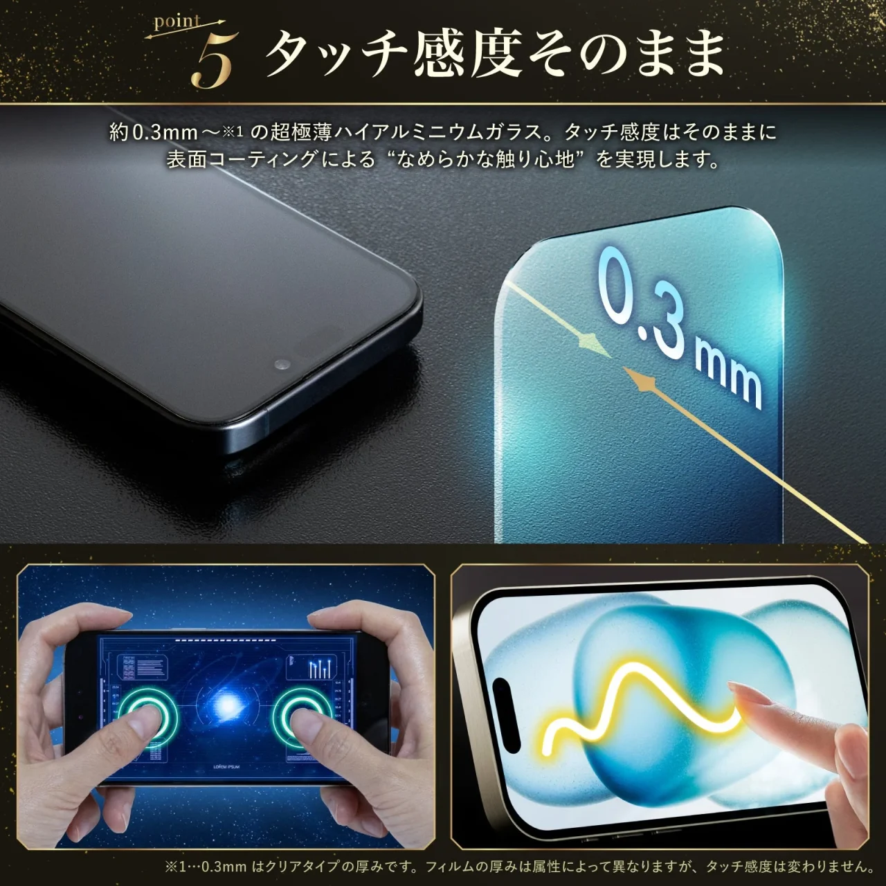 モンスターフィルムの厚さ0.3mmとタッチ操作の滑らかさを示す図解