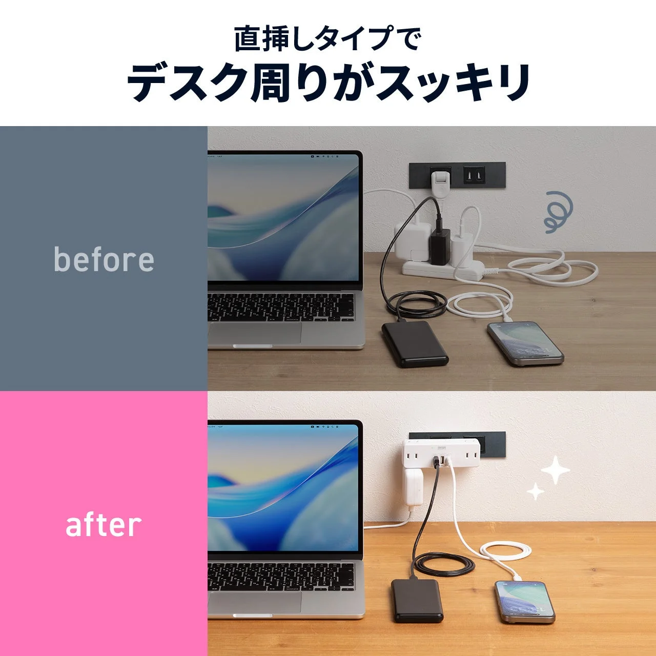 直挿し式電源タップ使用時のデスクまわりの整理前後比較図