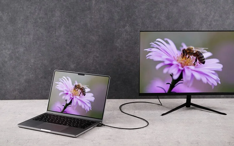 ノートPCとディスプレイを黒いHDMIケーブルで接続した利用シーン