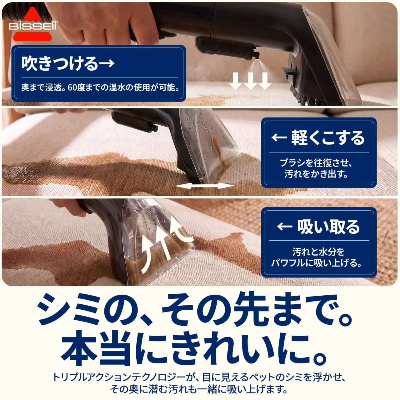 SpotClean Mini Pet Cordlessの吹きつけ・こすり・吸引の3段階洗浄手順を示す図解
