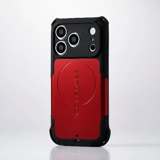 ZEROSHOCK STANDARDシリーズのiPhoneケース。背面が赤色で、四隅に黒いバンパーを備えたデザイン。