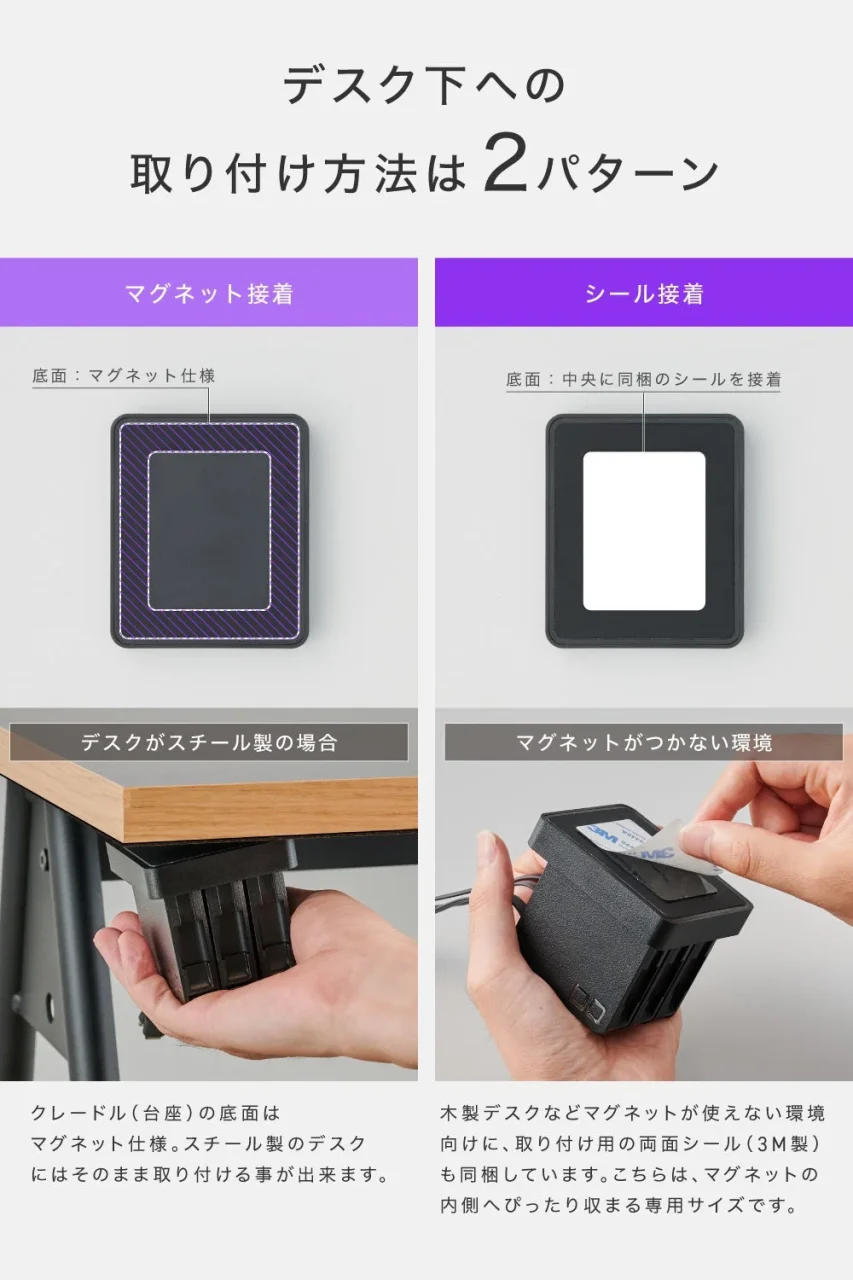 CIO ケルベロスのマグネットと両面テープによるデスク下への取り付け方法