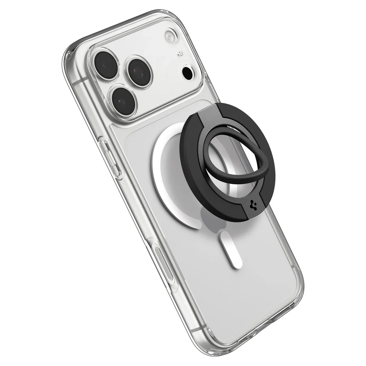 MagSafeスマホリング「デュアル・ポップS・マグフィット」を透明ケースのiPhoneに装着した様子