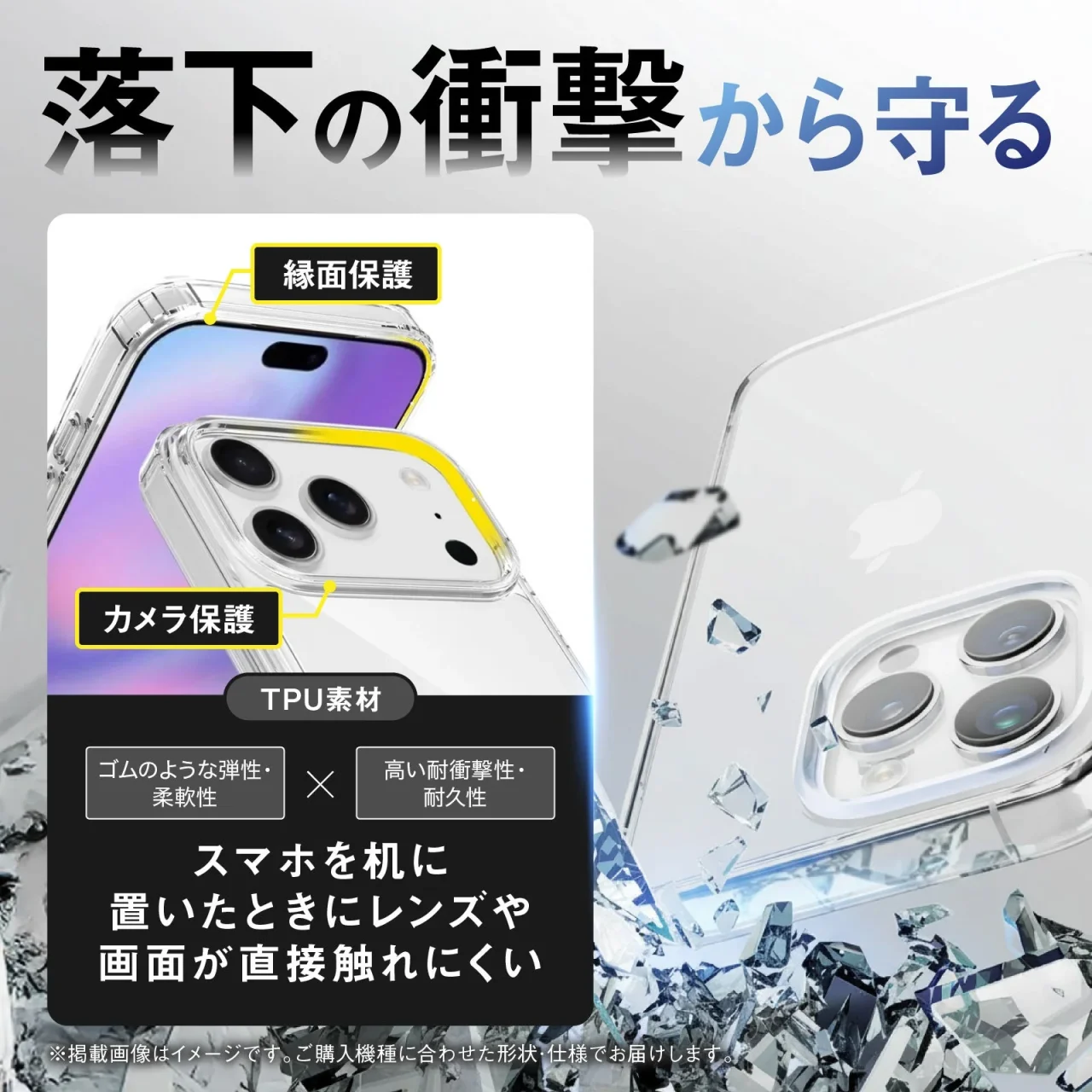 FIRME クリアケースの衝撃耐性を示す、落下衝撃から守るキャッチコピー付きの告知ビジュアル