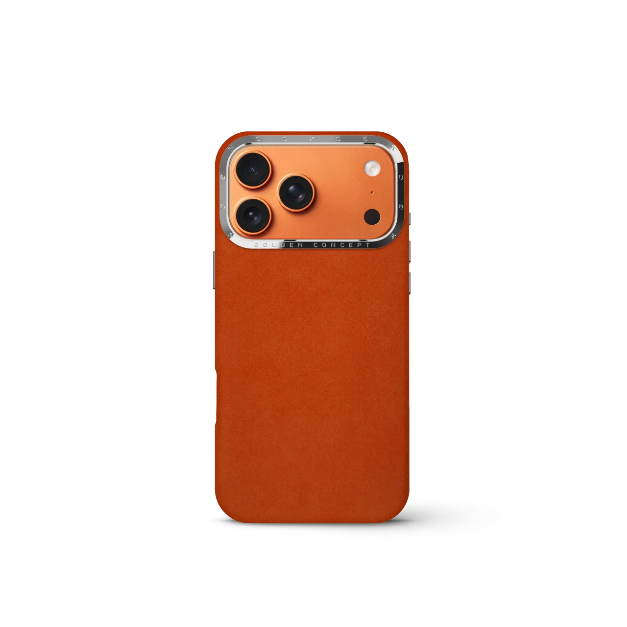iPhone Case 17/18 Alcantara Orangeの背面。オレンジ色のマットな質感と、カメラ周囲のメタルフレームが特徴。