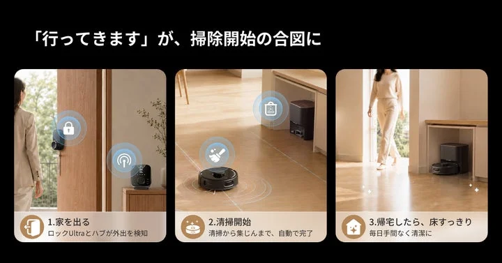 外出検知から清掃開始、帰宅までの自動化フローを示す図