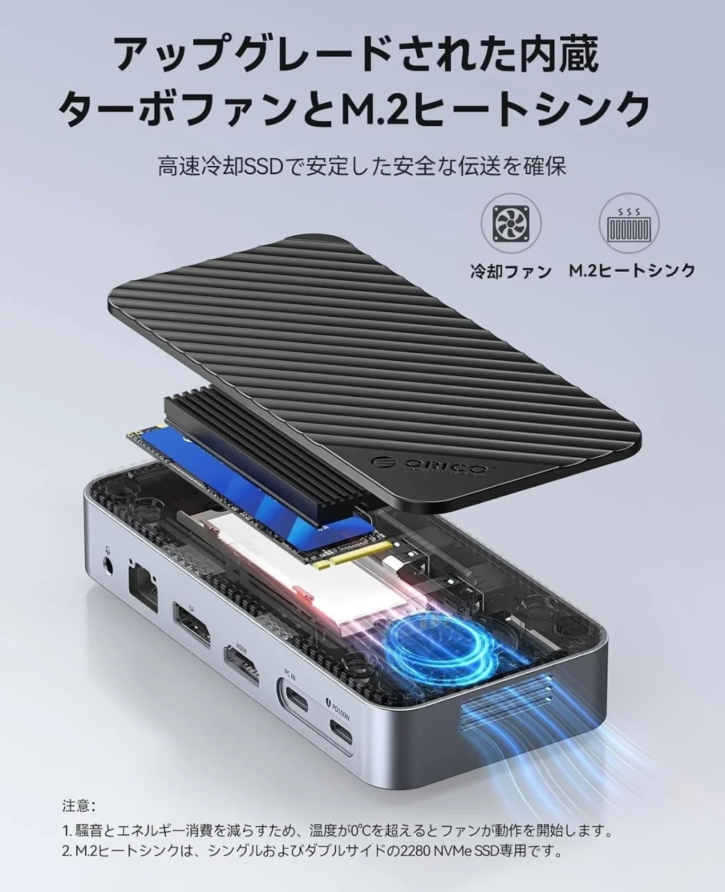 ORICO 12-in-1 USB-Cドッキングステーションの冷却ファンとM.2ヒートシンク構造