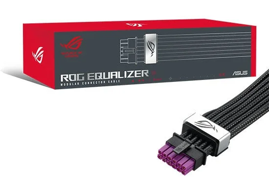ROG-EQUALIZER 12V-2x6 PCIe電源ケーブルと赤黒の製品パッケージ
