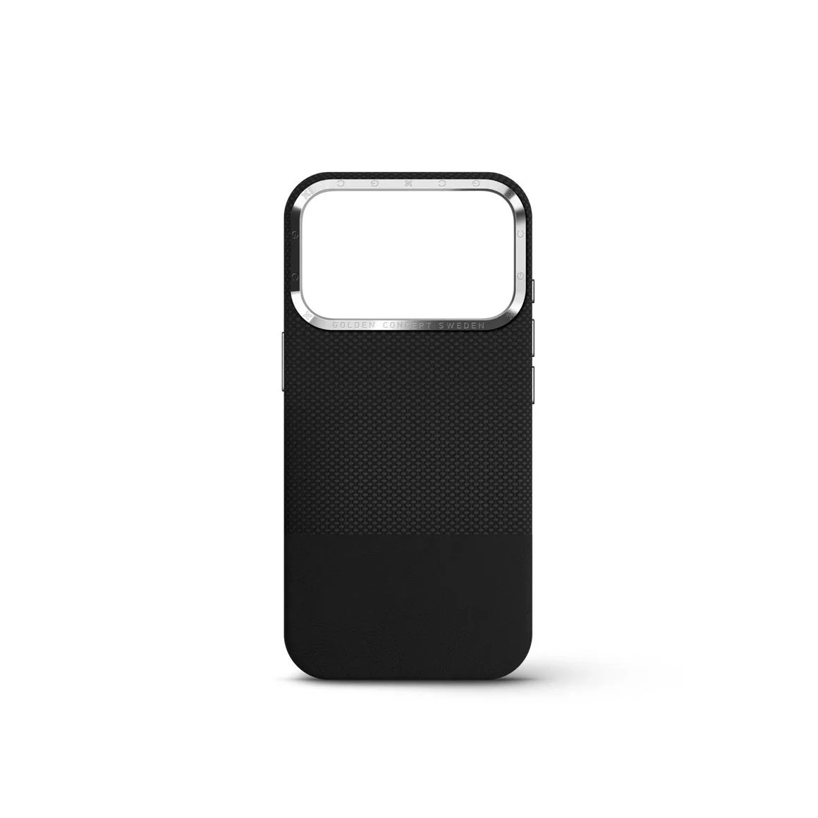 iPhone Case 17 - Vegan Leatherの黒い製品画像。メタルフレーム付き。
