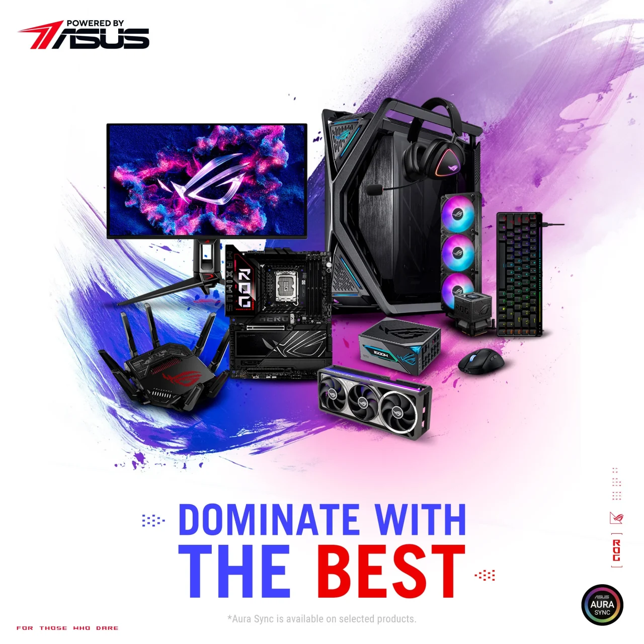Powered by ASUSのROG製品群とDOMINATE WITH THE BESTのキャッチコピー