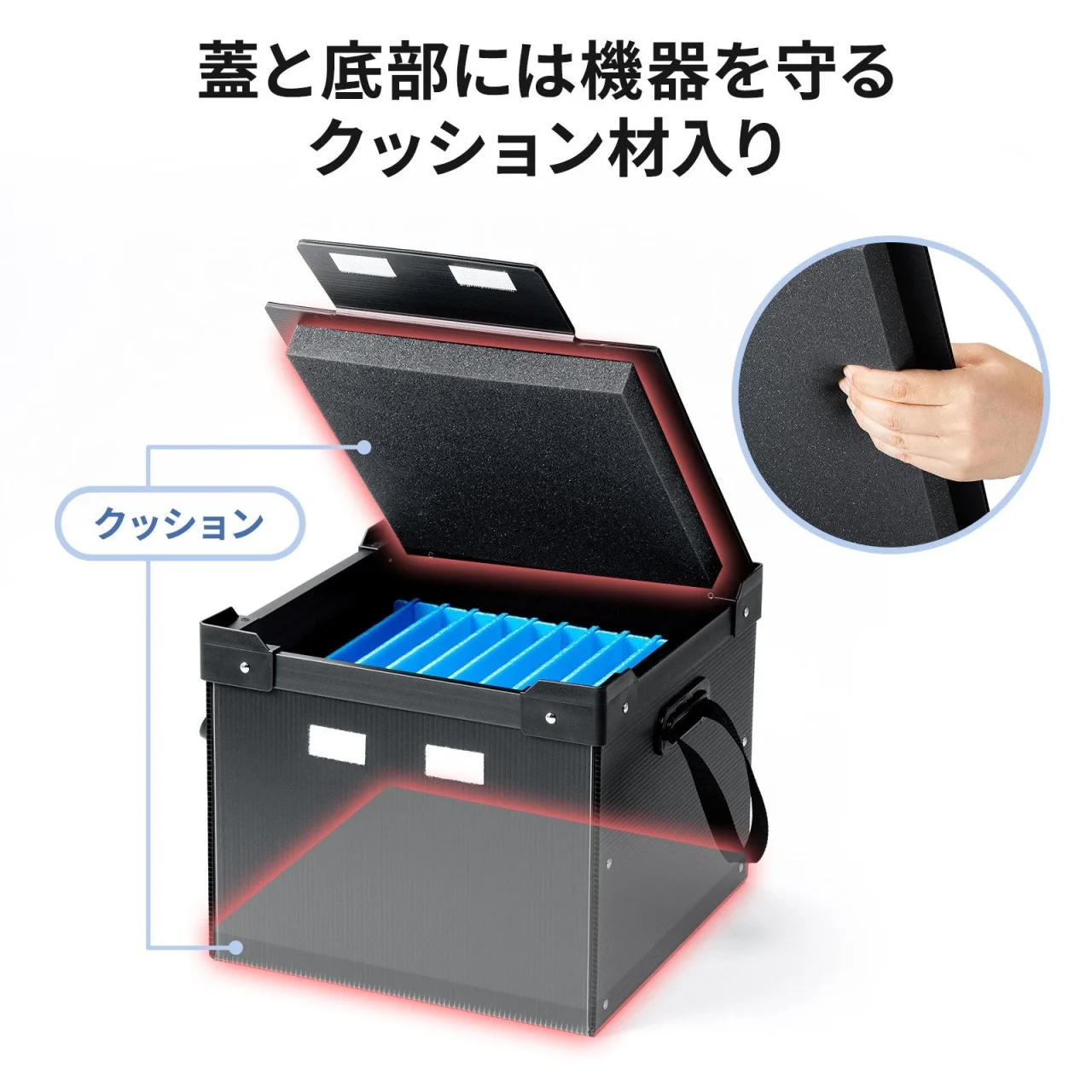 蓋と底部にクッション材が入った収納ケースの内部構造