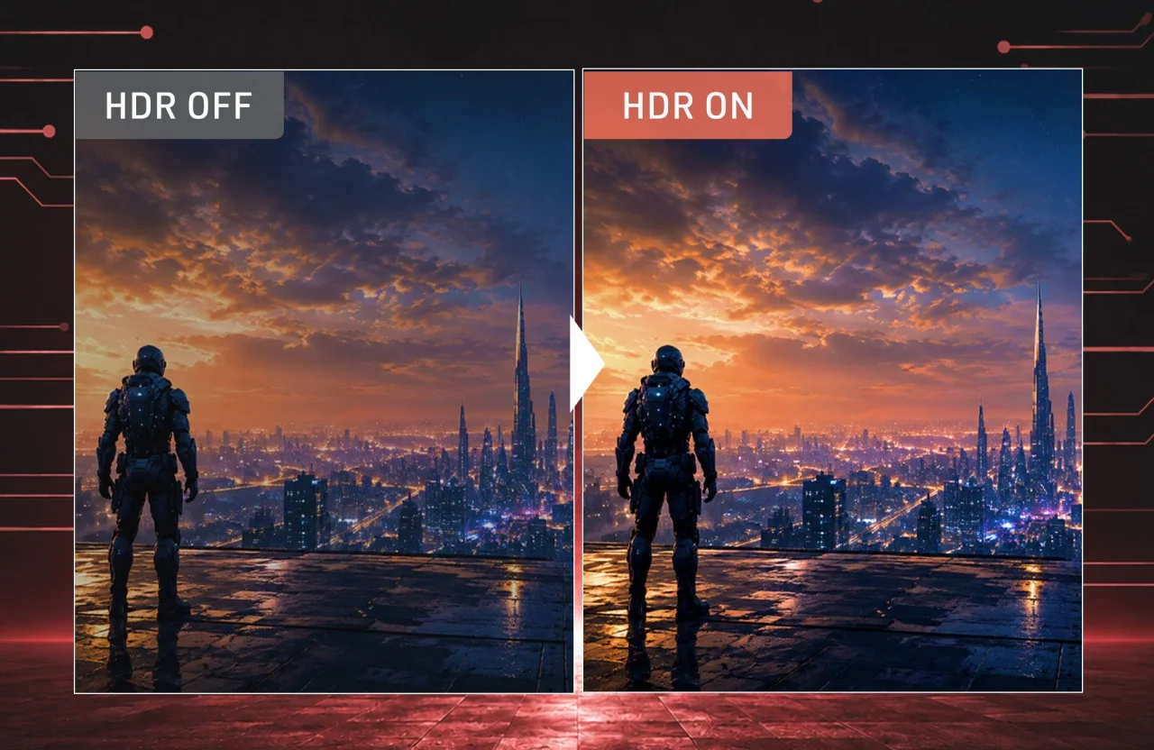 HDR OFFとONの比較で明暗差の表現差を示す都市夜景の画像