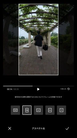 アスペクト比9:16を選択した編集画面