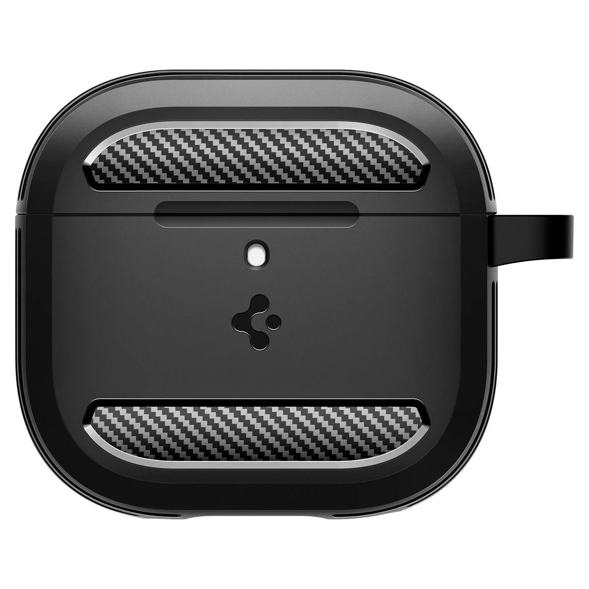 Airpods 5 ケース ラギッド・アーマーのマットブラック製品。カーボン調のテクスチャとカラビナ付き。