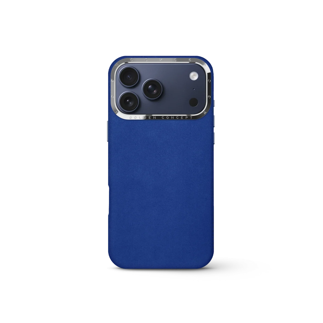 iPhone Case 17/18 Alcantara Midnight Blueの背面。深みのある青のマット素材と、カメラ周囲の光沢アルミフレームが特徴。