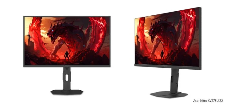 Acer Nitro XV275U Z2ゲーミングモニターの正面と斜めからの様子