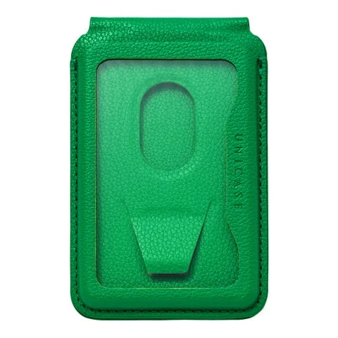 緑色のPUレザー製MagSafeスマホスタンドの裏面