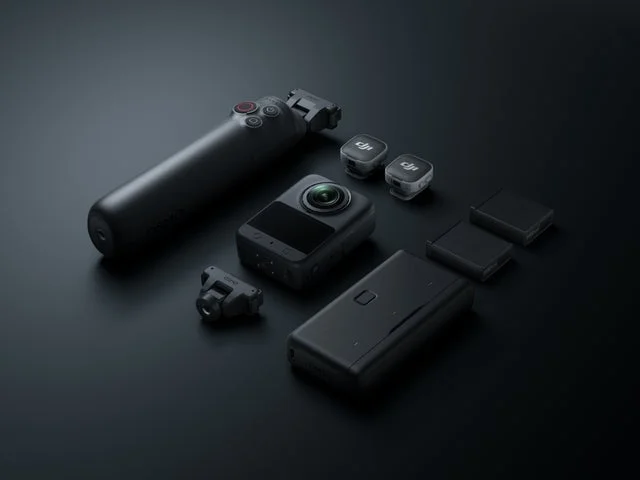 Osmo 360 II本体とDJI Mic、バッテリー、クイックリリースマウントなどのアクセサリー