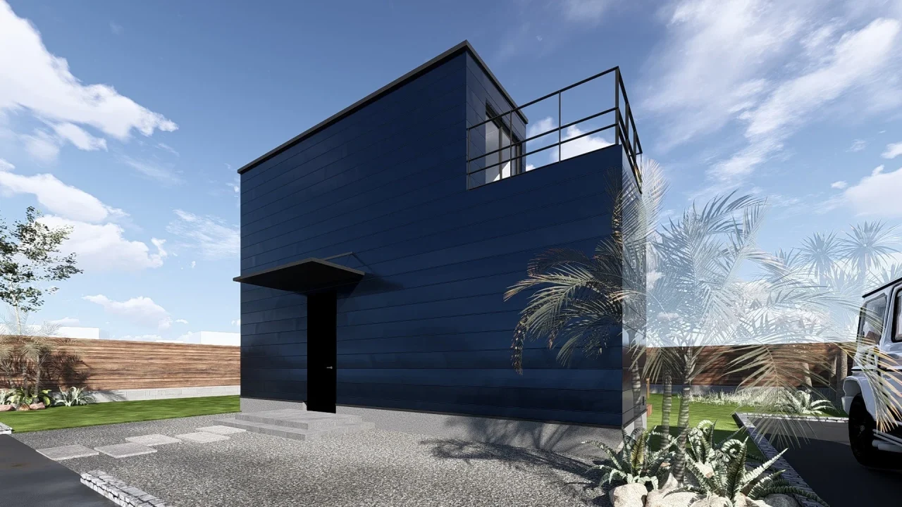 Modular house 外観イメージ。黒い外壁の2階建て建物と植栽