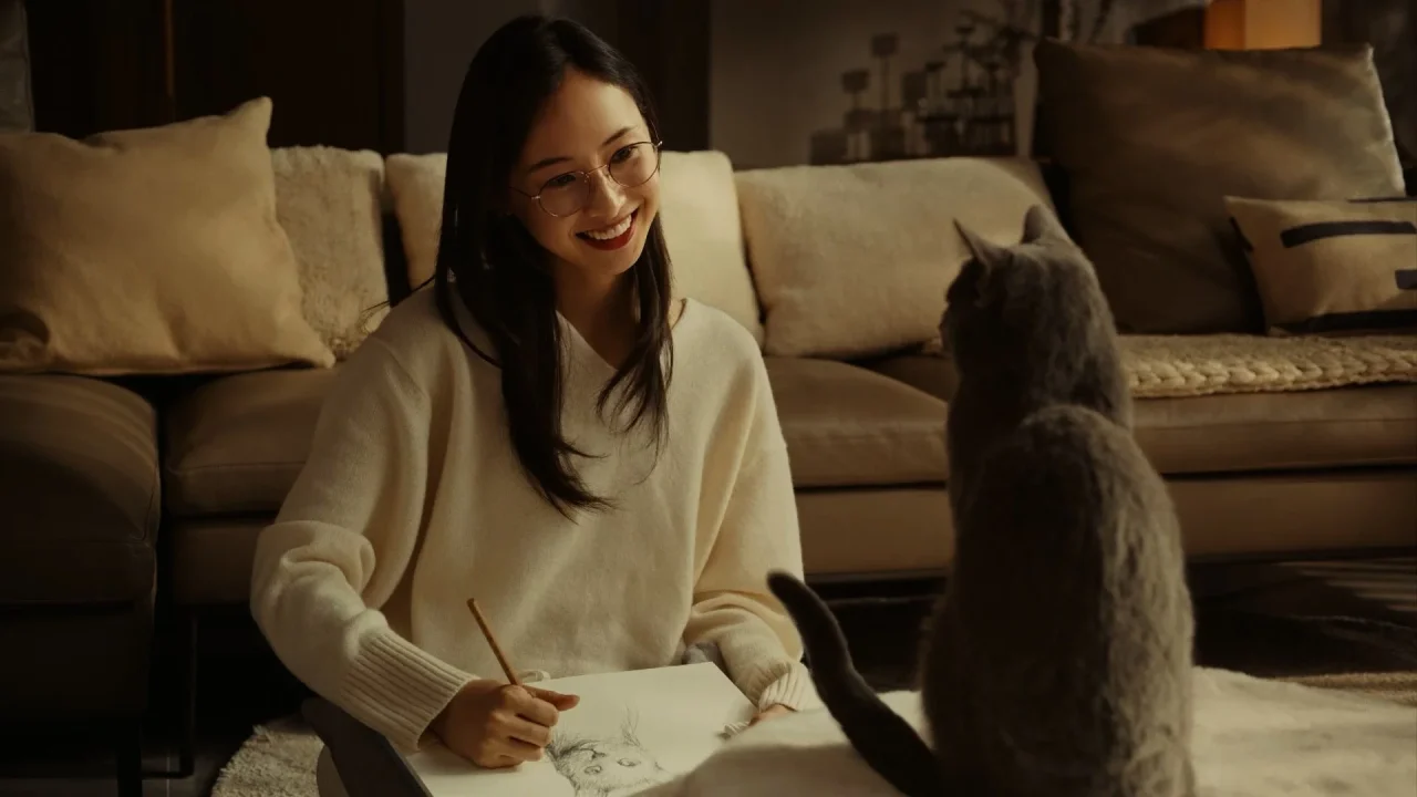 CMストーリーボード#5の女性と猫の室内シーン