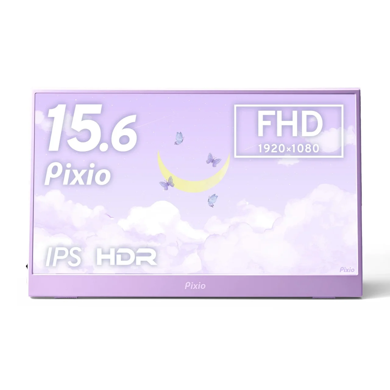 PX160 Wave Mint Greenのモニター。画面に15.6、FHD、IPS、HDRの文字と蝶のイラストが表示されている。