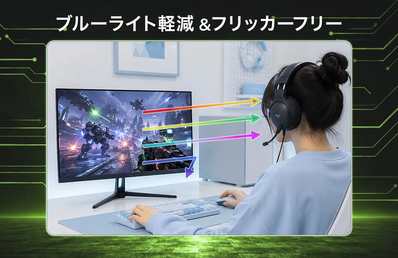 ゲーミングモニター『GRAVIX』のブルーライト軽減とフリッカーフリー機能を示す利用シーン