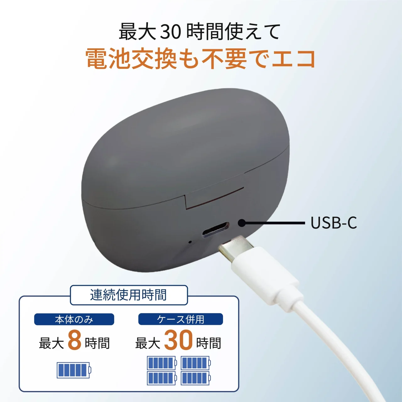 cheero Ototasの充電ケースとUSB-Cケーブル、連続使用時間の図解