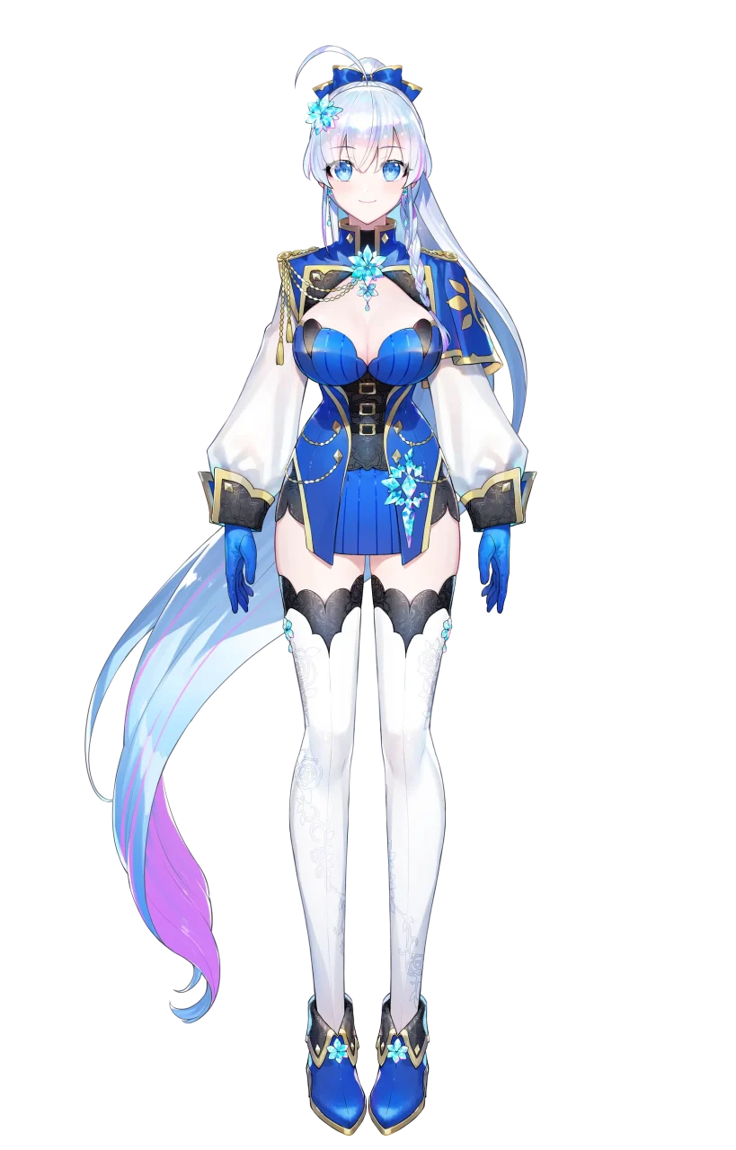 蒼真なひろの全身イラスト。青い衣装と長い白髪が特徴。