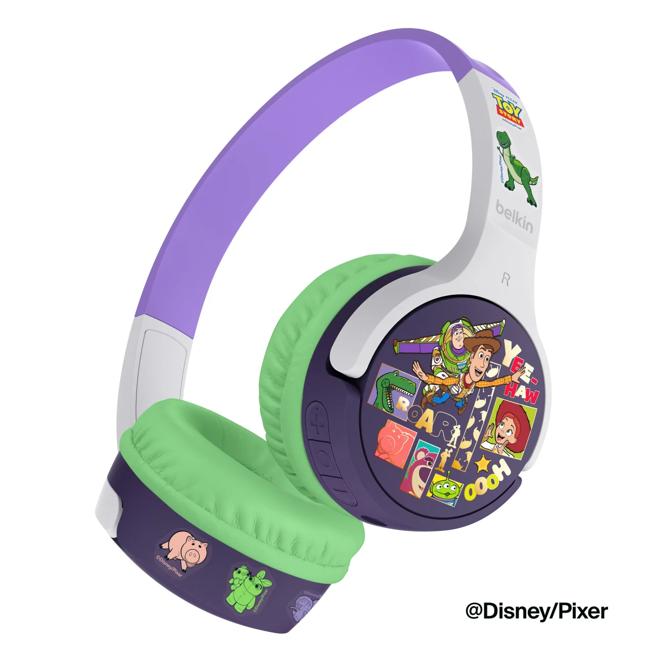 SoundForm Mini 子供用ワイヤレスヘッドホン。トイ・ストーリーのキャラクターデザインが施されたイヤーカップと、緑色のクッションが特徴の製品写真です。