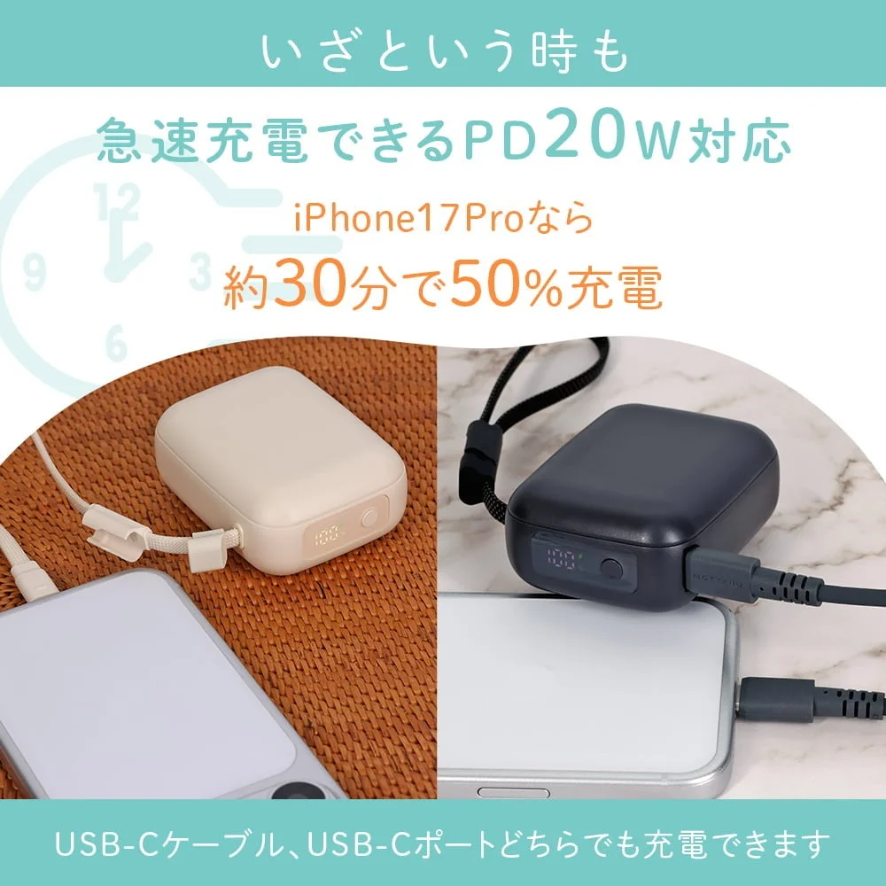 準固体モバイルバッテリーの充電シーンとPD20W対応のテキスト