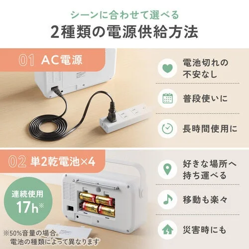 400-SP131のAC電源と単二乾電池4本による2WAY給電方法を示す図