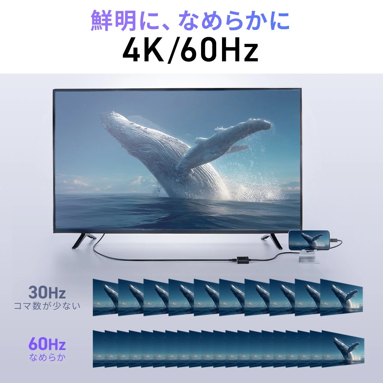 USB-C HDMI変換アダプタの4K/60Hz映像出力と30Hz・60Hzの比較