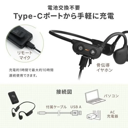 骨伝導イヤホンとリモートマイクのUSB Type-C充電と接続方法の図