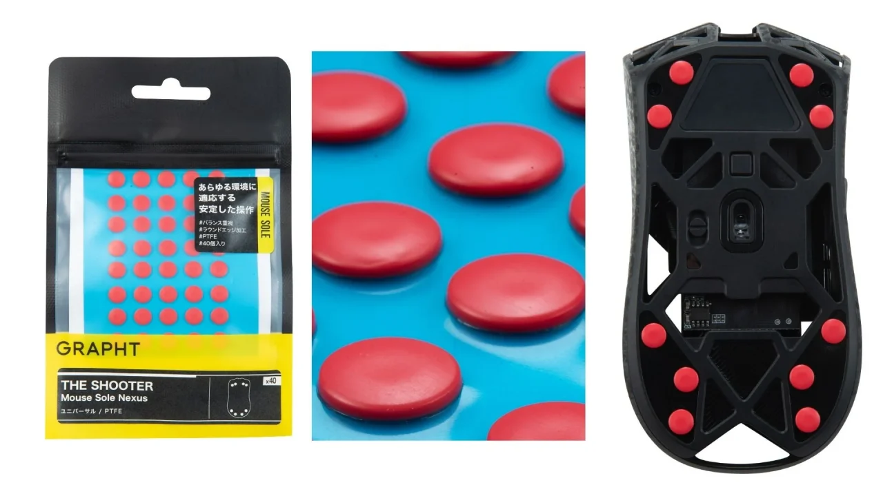 THE SHOOTER - Mouse Sole Nexusのパッケージ、赤い円形ソール、マウス底面装着例
