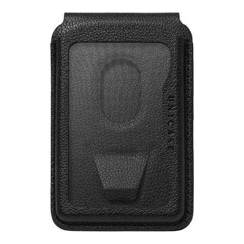 黒いPUレザー素材のMagSafe対応スマホスタンドの裏面